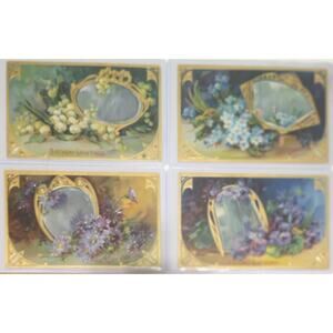 Lot Of Four Vintage Antique Embossed Postcards Flowers Birthday Mirrors
